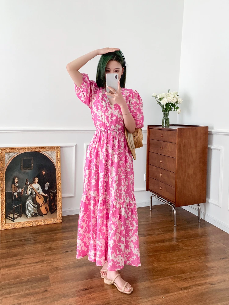 

Spring and Summer 2023 New Women Rose Print Bubble Sleeve Long Dress
