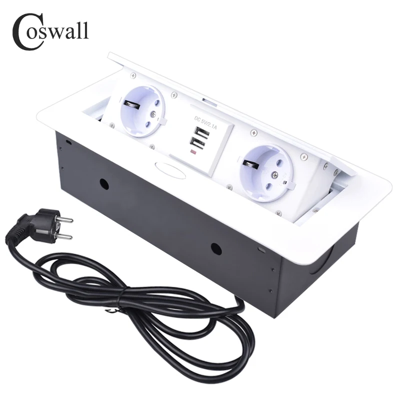 Coswall Placa de Liga de Zinco Branco Mudo Pop up Tomada da ue Dupla Porta de Carga Usb 2.1a Escritório Mesa Tomada com 1.3m Extensão Plug