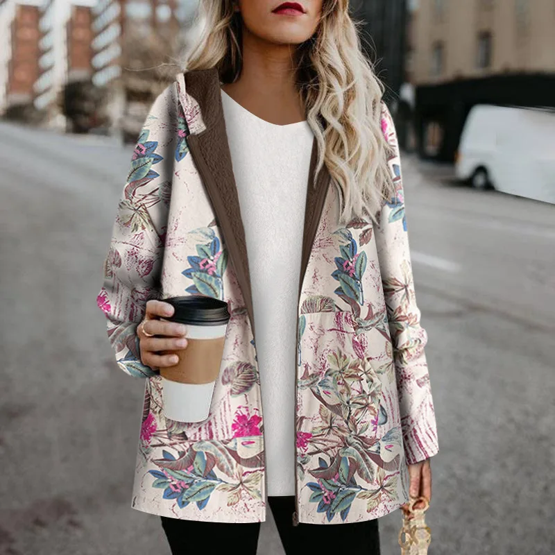 2022 Women's new cotton clothes linen cotton printed cotton jacket plush thickened cotton coat