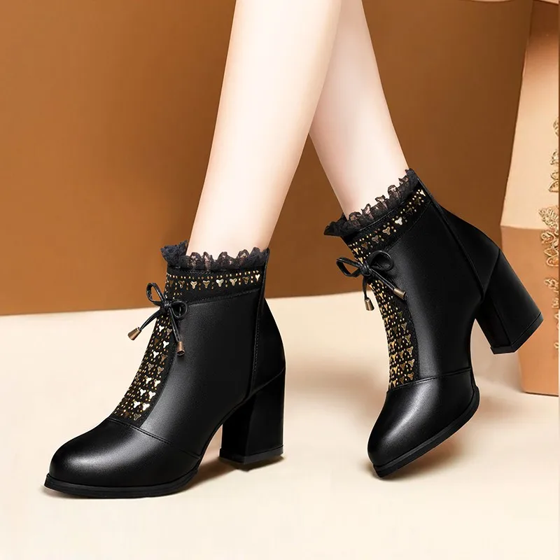 

Winter Shoes Gauze Ruffles Ankle Boots Bling High Heels Dress Shoes Square Heeled Booties Butterfly Botas Mujer Black Autumn New