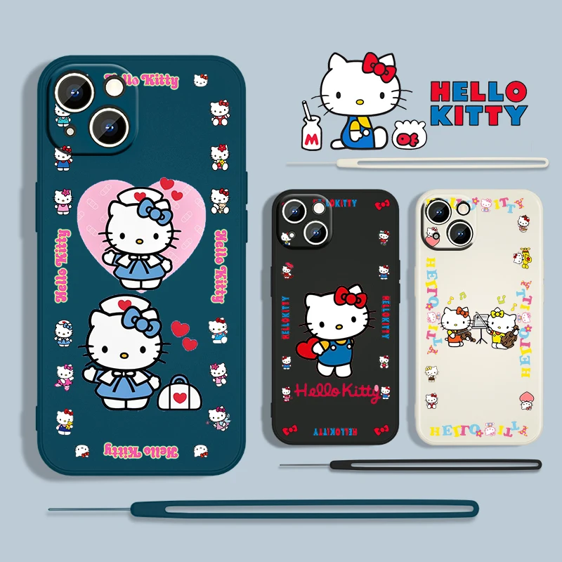 

Hello Kitty Anime Girl For Apple iPhone 13 12 Mini 11 Pro XS MAX XR X 8 7 6S SE Plus Liquid Rope Silicone Phone Case Capa Cover