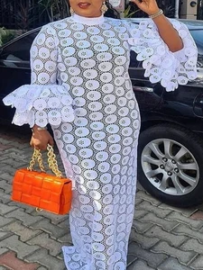 African Women Dresses Dashiki Elegant Maxi Long White Lace Hollow Out Muslim Fashion Abayas Robe Abaya Dubai Luxe Party Clothes