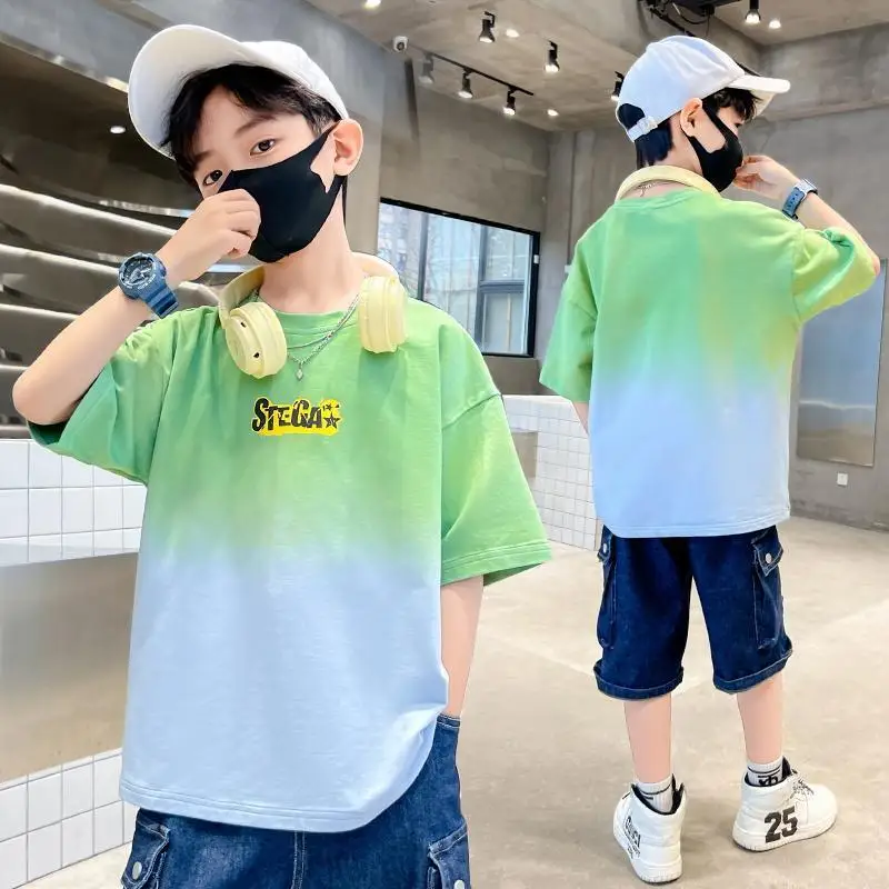 

Gradient Short Sleeve T-Shirt Boys Summer Dress 2022 New Cotton Casual Round Neck Summer Half Sleeve