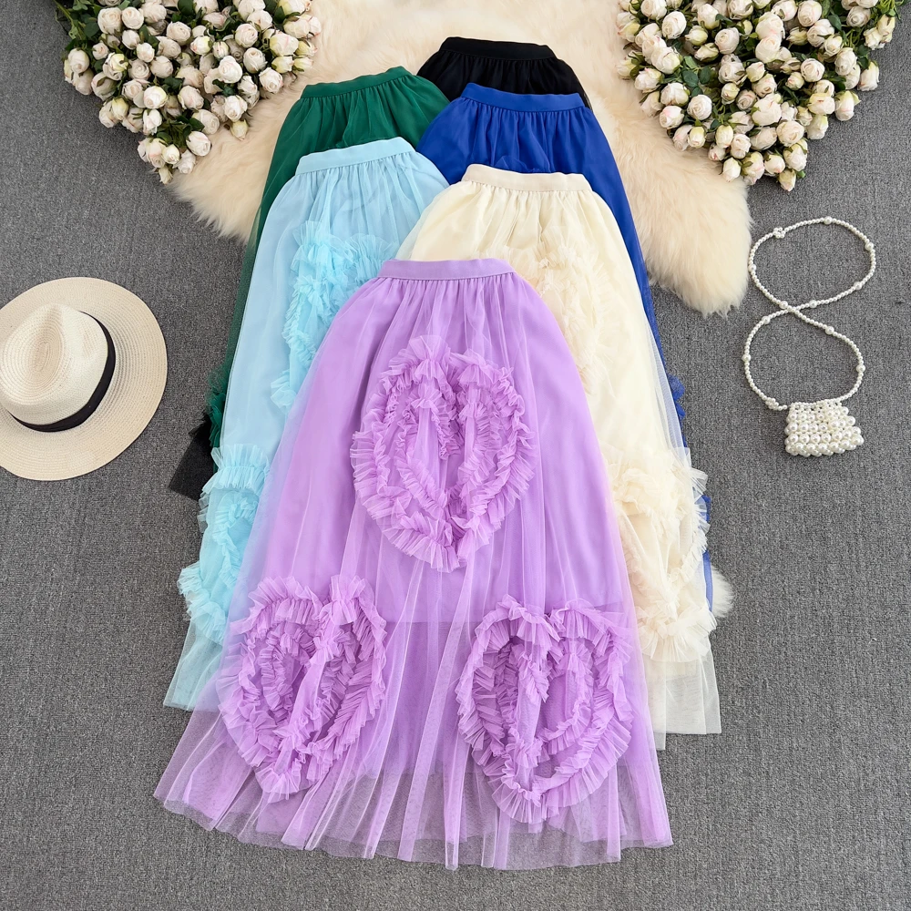 

VANOVICH Mesh Elastic High Waist Thin Irregular Love Edible Tree Fungus Patchwork Skirt Summer New Solid Color Fashion Skirts
