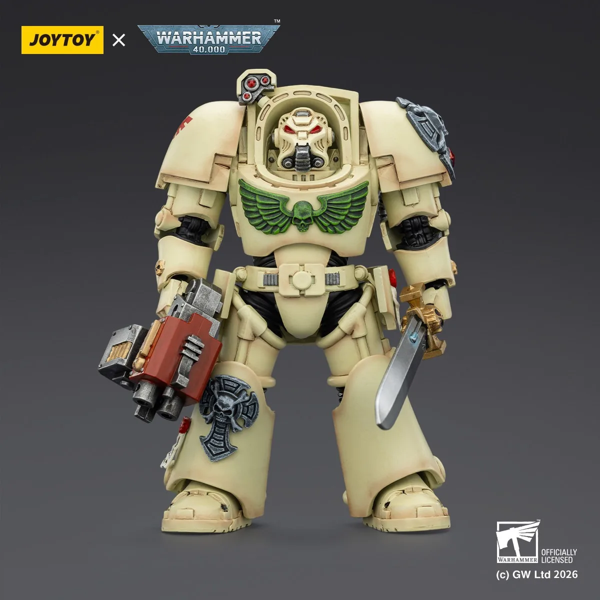 Фото Фигурки Joytoy Warhammer 1/18 Dark Angels Deathwing Terminator 1 с мечом Power Sword и бластером Storm Bolter, модель-игрушка, подарок для мальчиков №1
