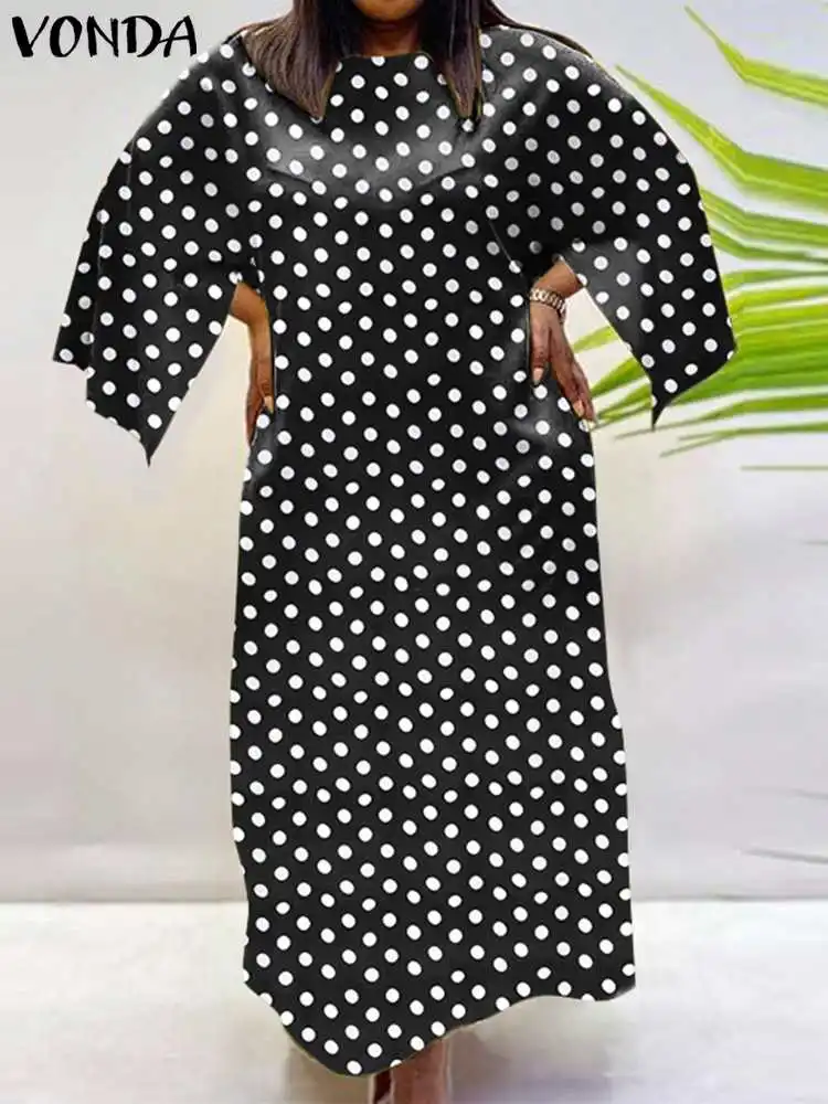 Plus Size 5XL VONDA Women Summer Long Dress 2023 Bohemian Casual Flare Sleeve Polka Dot Party Sundress Loose Vintage Maxi Robe