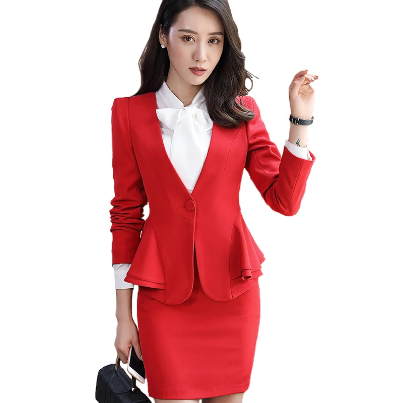 

High Quality New Autumn Winter Women Skirt Suits Elegant Business Formal Long Sleeve Hem Ruffles Office Ladies Work Uniforms