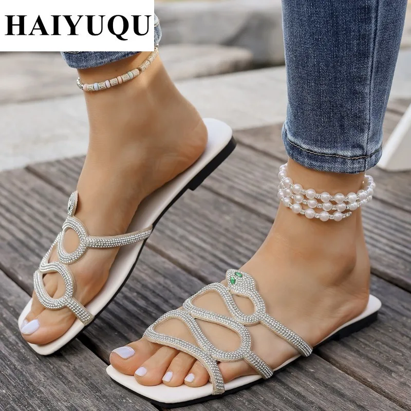 Женские тапочки на плоской подошве со змеиными кристаллами роскошные брендовые