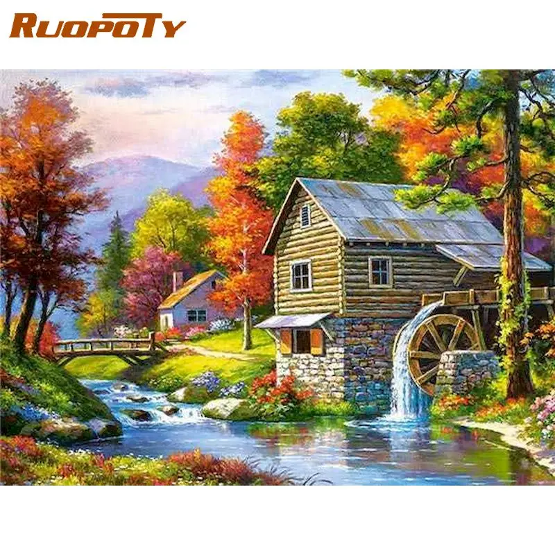

RUOPOTY 5D Diamond Painting Landscape Diamond Embroidery Forest river Cross Stitch house Kits Full Square Rhinestone Mosaic Art