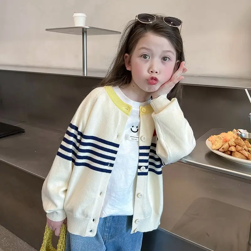 

Girl's Cardigan Spring New Pure Cotton Non-Pilling Sweater Love Striped Knitted Top Middle and Big Children's Coat