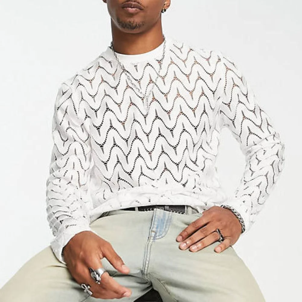 

Men's Shirt Long-sleeved Versatile Hollowed-out T-shirt Muscle Streetwear Men's Elastic Casual Micro-penetration Bottom Shirt