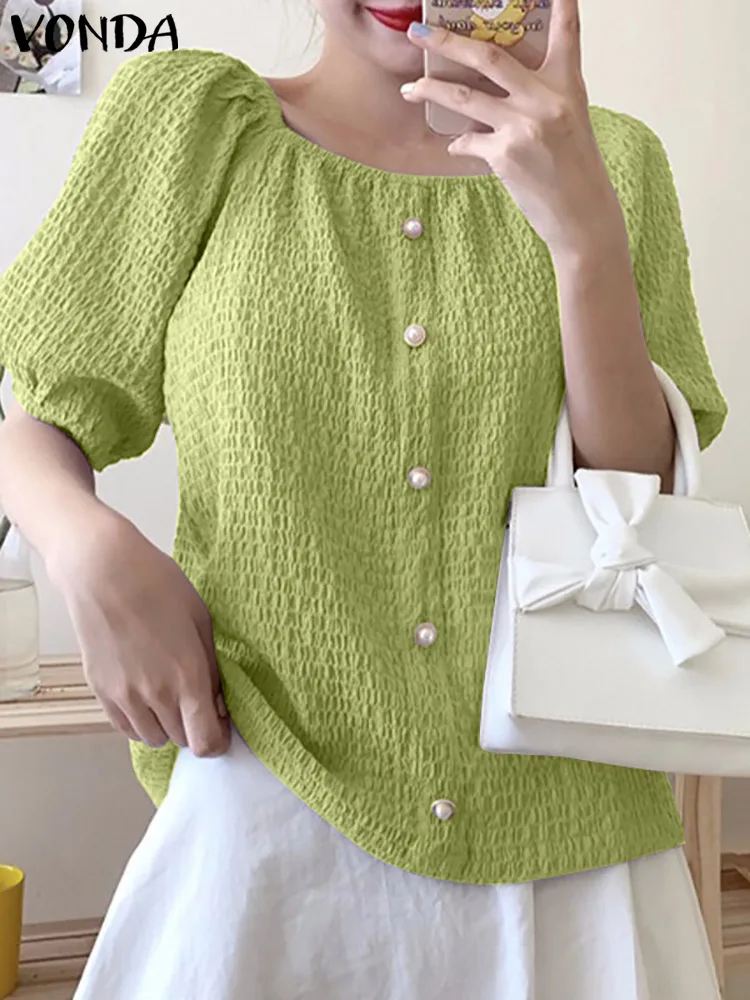 

Женские летние блузки VONDA 2023, модная пикантная плиссированная рубашка с квадратным вырезом и коротким пышным рукавом, однотонные повседневные топы на пуговицах, блузки