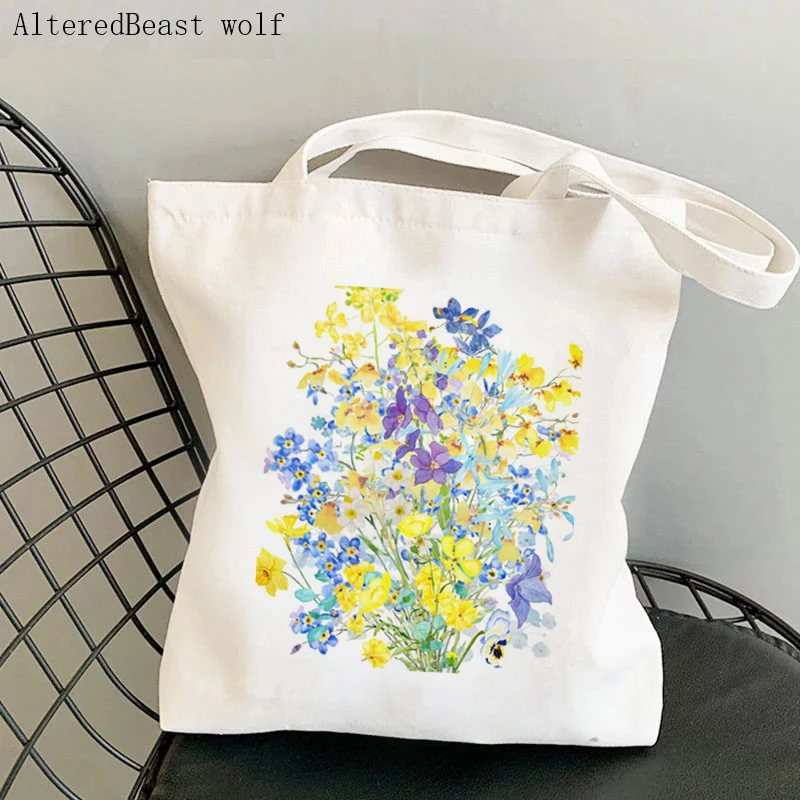 

Women Shopper bag purple blue and yellow Wildflowers Bag Harajuku Shopping Canvas Shopper Bag girl handbag Shoulder Lady Bag