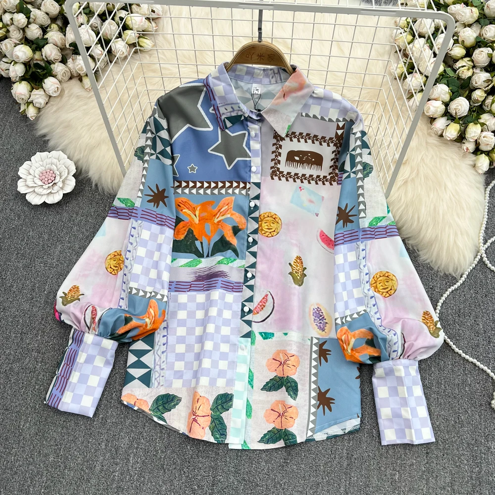 

VANOVICH Summer New Temperament Vintage Print Casual Shirts Women's Fashion Lantern Sleeve Polo-neck Single Breasted Shirt