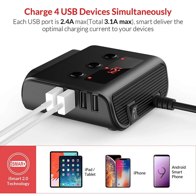 

Автомобильное зарядное устройство для прикуривателя, 12-24 В, 4 USB-порта