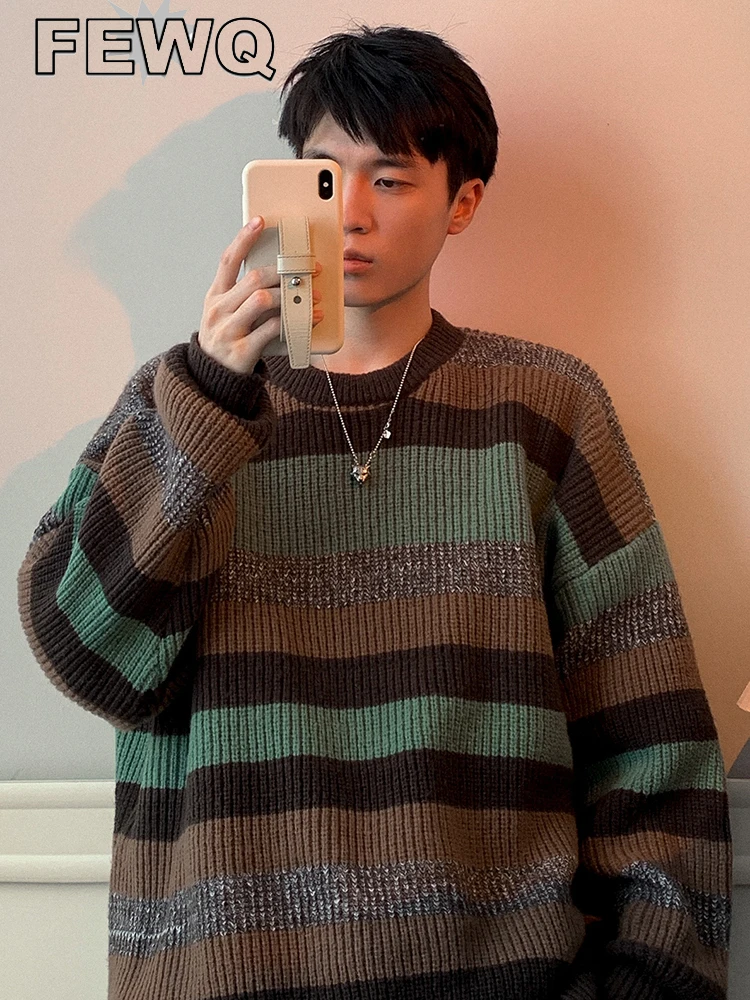 

FEWQ Male Striped Knitting Pullovers Men's Clothing Loose Casual Contrast Color Round Neck Fashion Sweater 2023 Autumn 24A1177