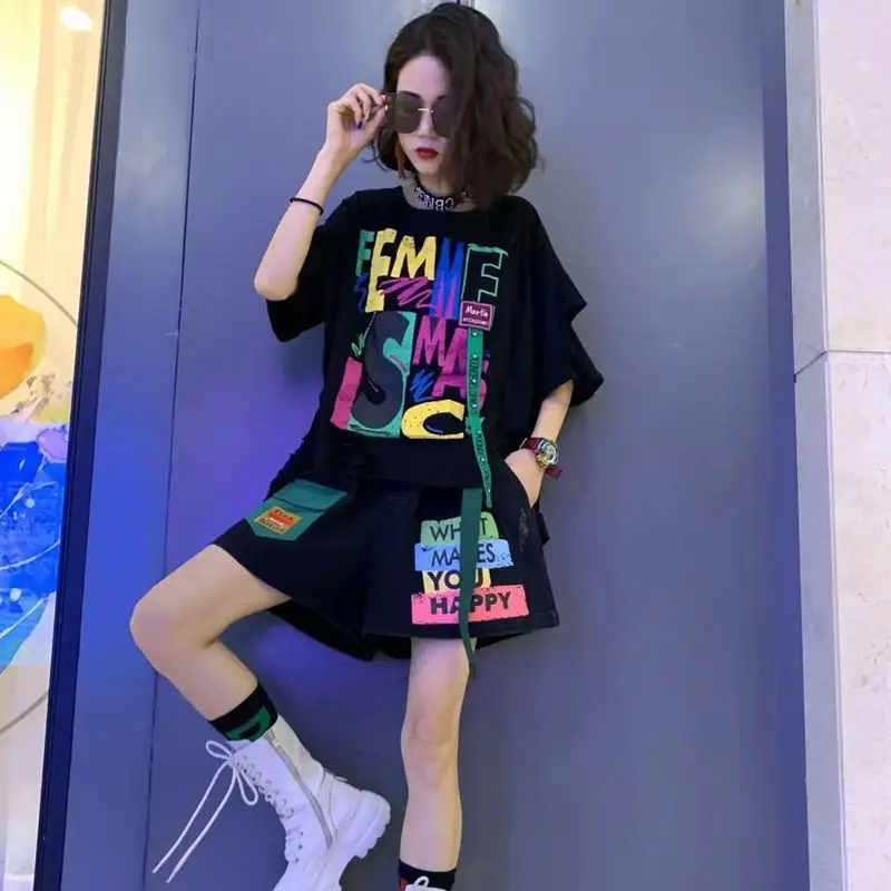 2023 Summer New Creative Printed Alphabet Ripped Personality Top Fashion Short Sleeve Shorts Casual Trend Hip Hop Two-Piece Suit
