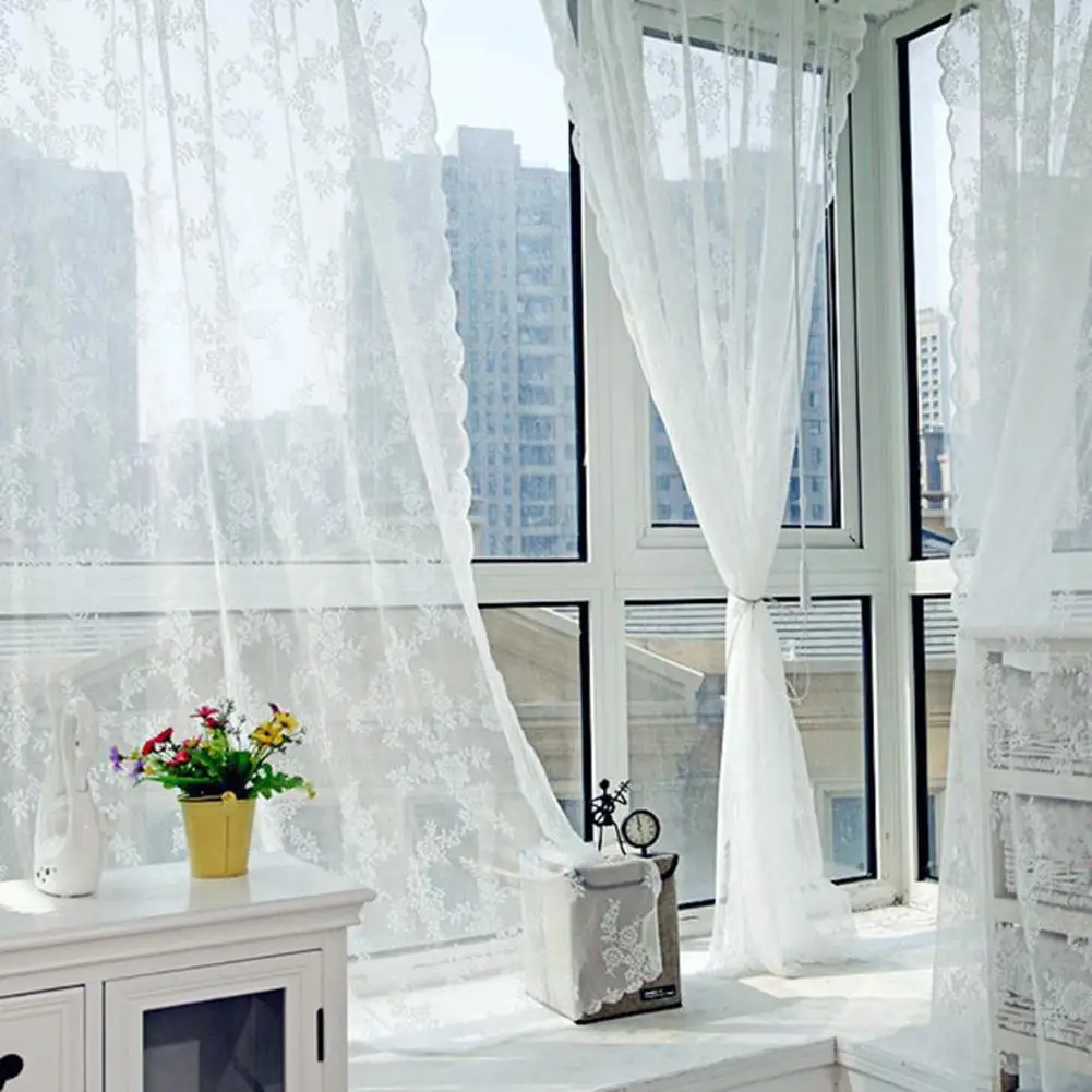 

2pcs Embroidery Lace Window Screen Jacquard Curtain Pastoral Style Sliding Window Curtain Drapes