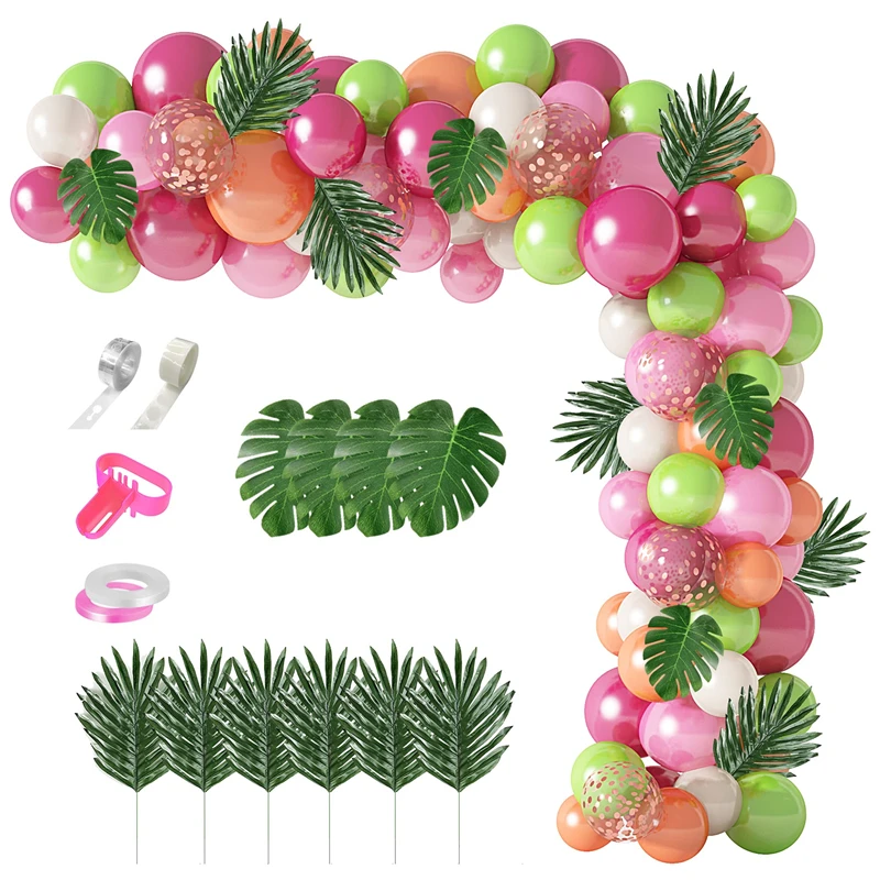 

117Pcs Hot Pink Green Gold Confetti Balloons Arch Garland Kit wIth Palm Leaves for Tropical Hawaii Birthday Party Baby Shower
