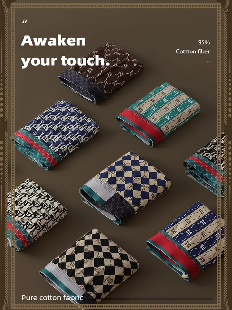 4 Pcs Fashion Boxer Shorts Cotton Print Underwear Men Boxershorts Men's Panties Male Underpants Mid Waist Big Size