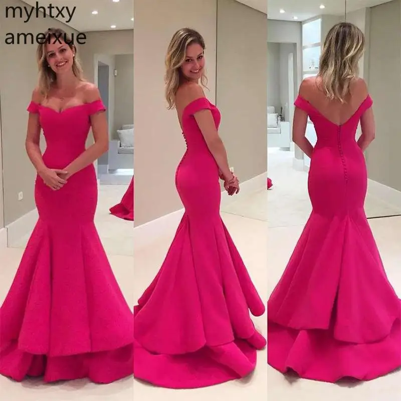 

Elegant Fuchsia Mermaid Pink Evening Dresses Off Shoulder Ruched Satin Simple Long Prom Sexy Backless Wears Robe De Soiree