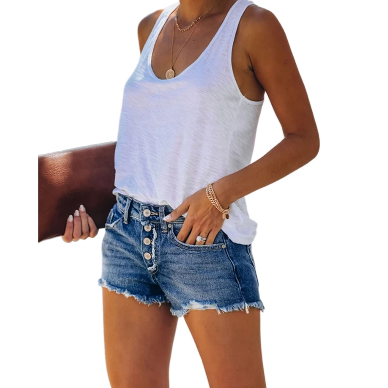 Casual High Waist Denim Shorts Women Summer Pocket Tassel Jeans Short Female Femme Button Up Short Pants Pantalones De Mujer