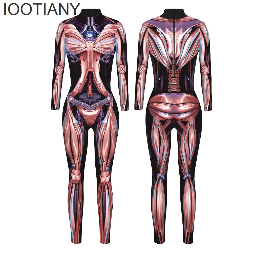 

IOOTIANY 5 Colors Women Cosplay Costumes Halloween Party Jumpsuits Punk Skeleton Muscle Printed Bodysuits Elastic Fitness Outfit