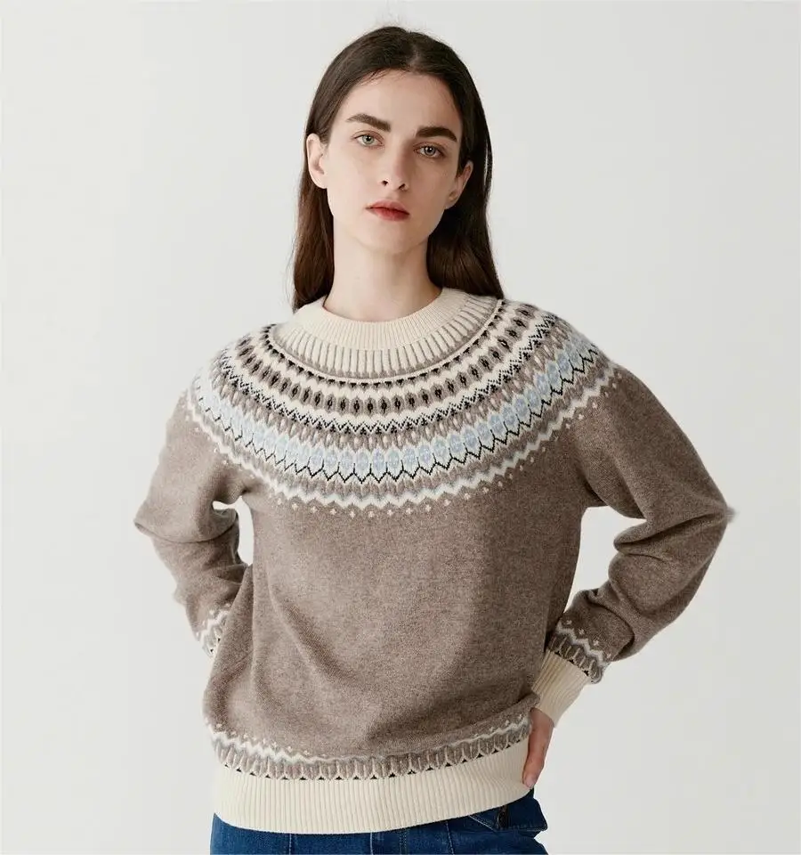 

2023 Women Fair Isle Knit Sweater Pulover Ladies High Quality Cotton Winter Fall Knitwear Jumper For Women