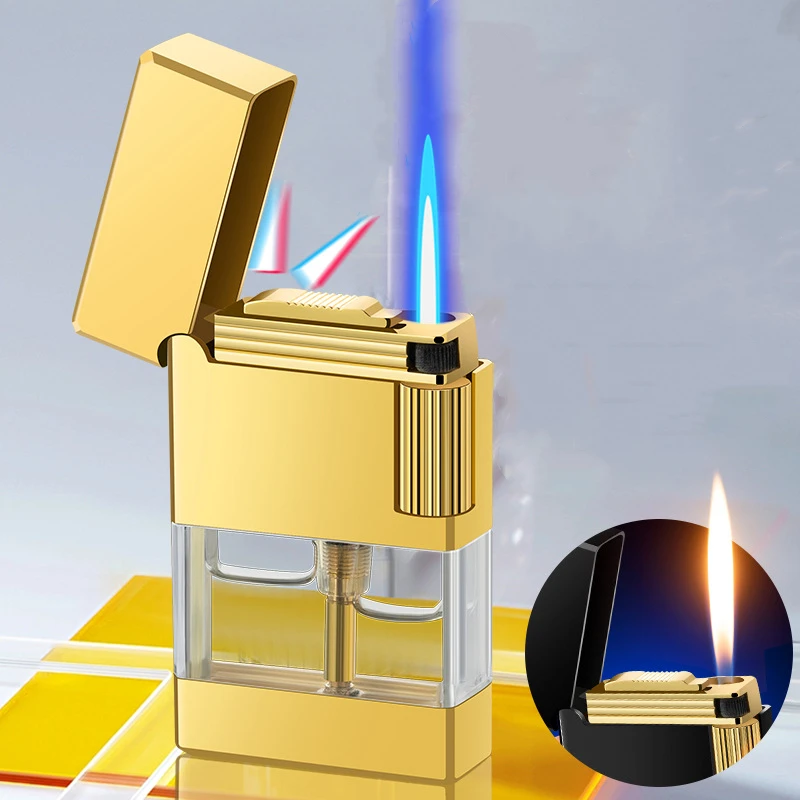 

Metal Double Flame Lighter Windproof Fire Stone Side Pulley Ignition Open Flame Direct Injection Conversion Lighter Gift for Men