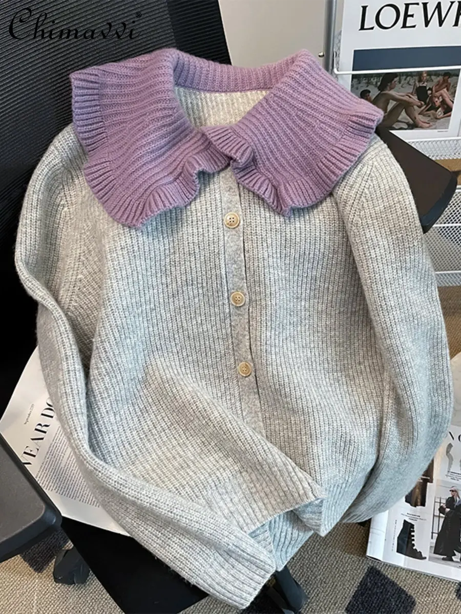 

Knitwear 2022 Autumn Clothes New Fashion Design Cardigan Wool Color Matching Doll Collar Long Sleeve Sweater Coat All-match