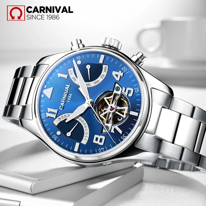 

CARNIVAL 2023 Men's Business Calendar Week Display Luminous Mechanical Watches Fully Automatic Wristwatches Zegarek Męski 8673