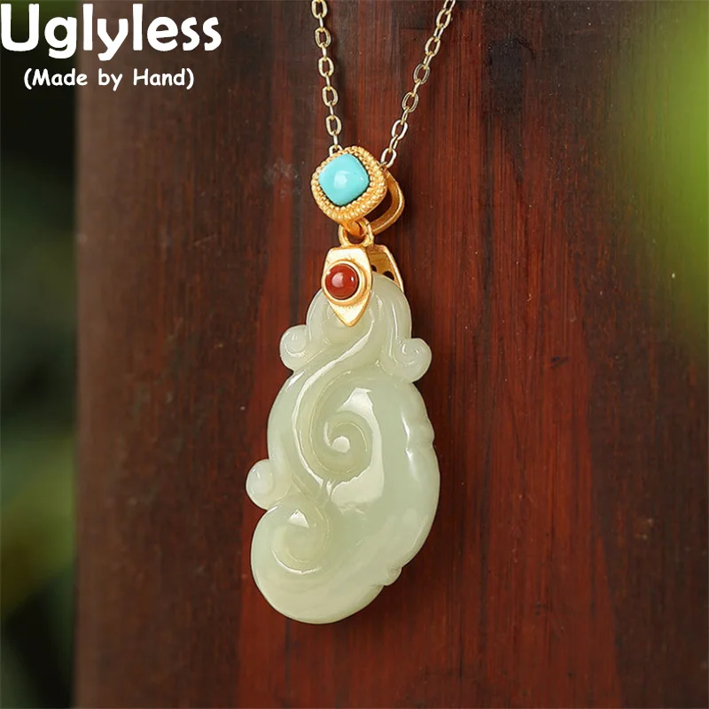 

Uglyless Eastern Charming Irregular Jade Vintage Pendants Women China Chic RUYI Gemstones Necklaces Ethnic 925 Silver NO Chains