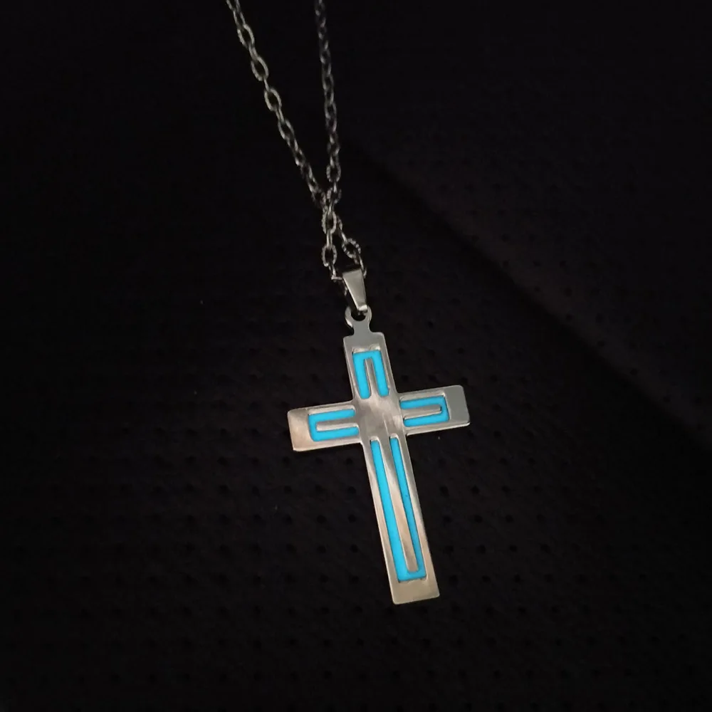 

Glowing In The Dark Cross Pendant Punk Necklace Stainless Steel Luminous Necklace Fashion Jewelry Gifts For Men Women