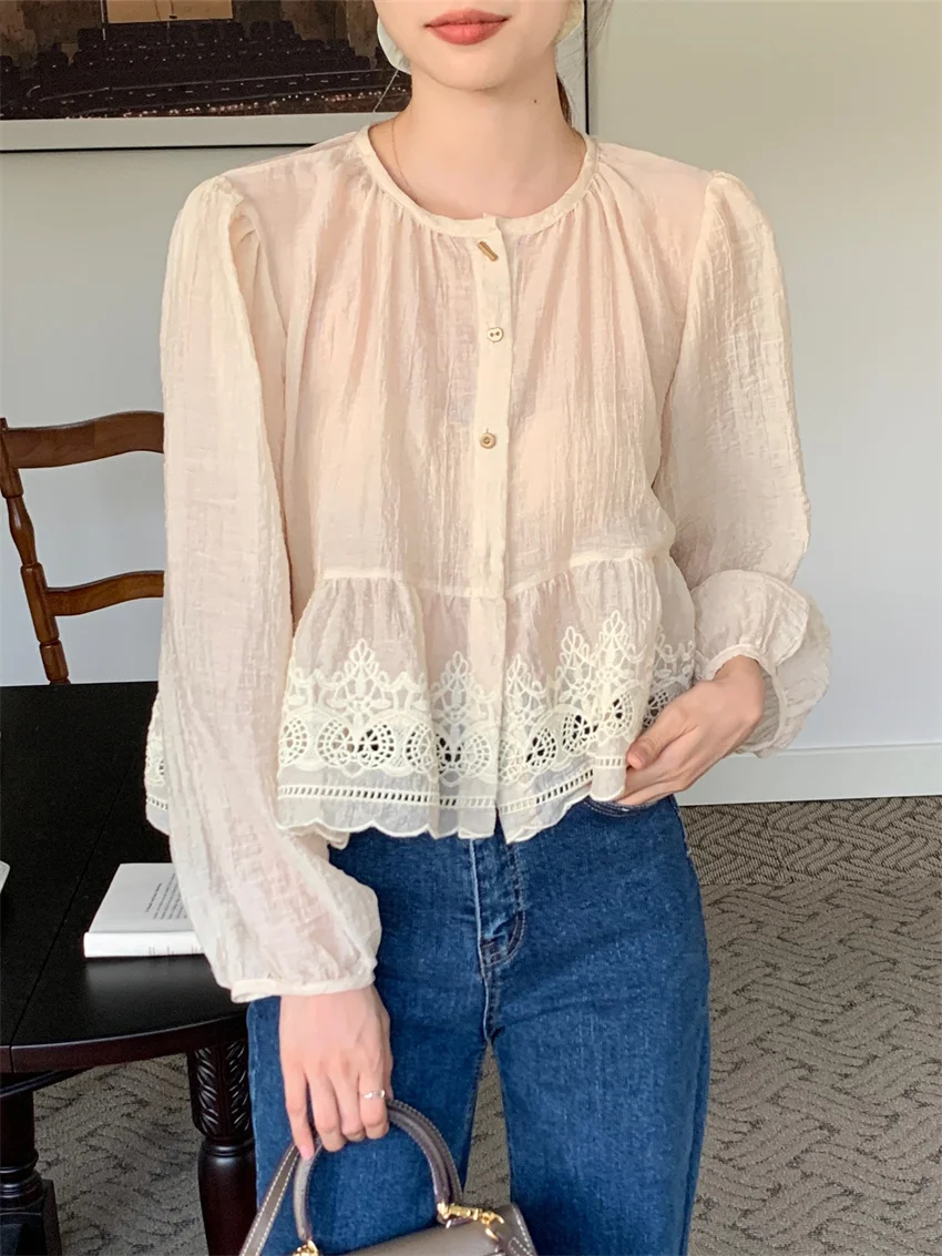 

Alien Kitty Beige Shirts Sweet Women New Embroidery Flowers Chic Autumn 2022 OL Daily Loose Fashion Office Lady High Street