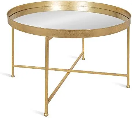 

Modern Glam Round Metal Coffee Table, 28.25" x 28.25" x 19", White and Gold Leaf, Chic Sophisticated Accent Table