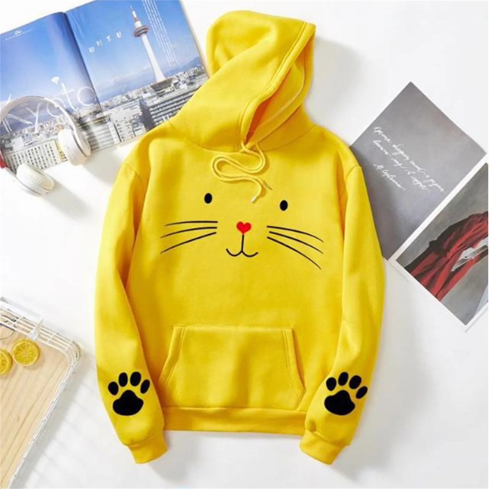 

Women'S Cute Cat Printed Sweatshirt Keep Warm Long-Sleeved Hoodie Autumn And Winter Women Casual Sweatshirts Hoodie for Fall