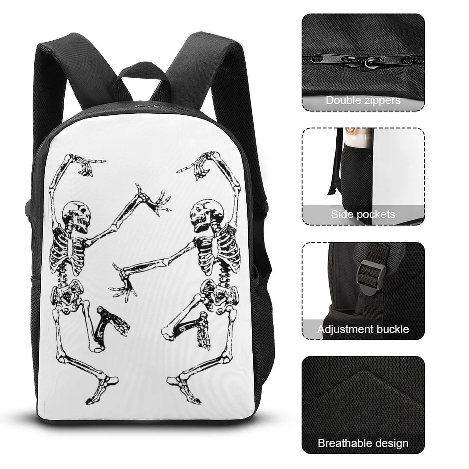 

17 Inch Shoulder Backpack Dance of Death Macabre Skeleton Secure Novelty Cosy Schools Infantry Pack