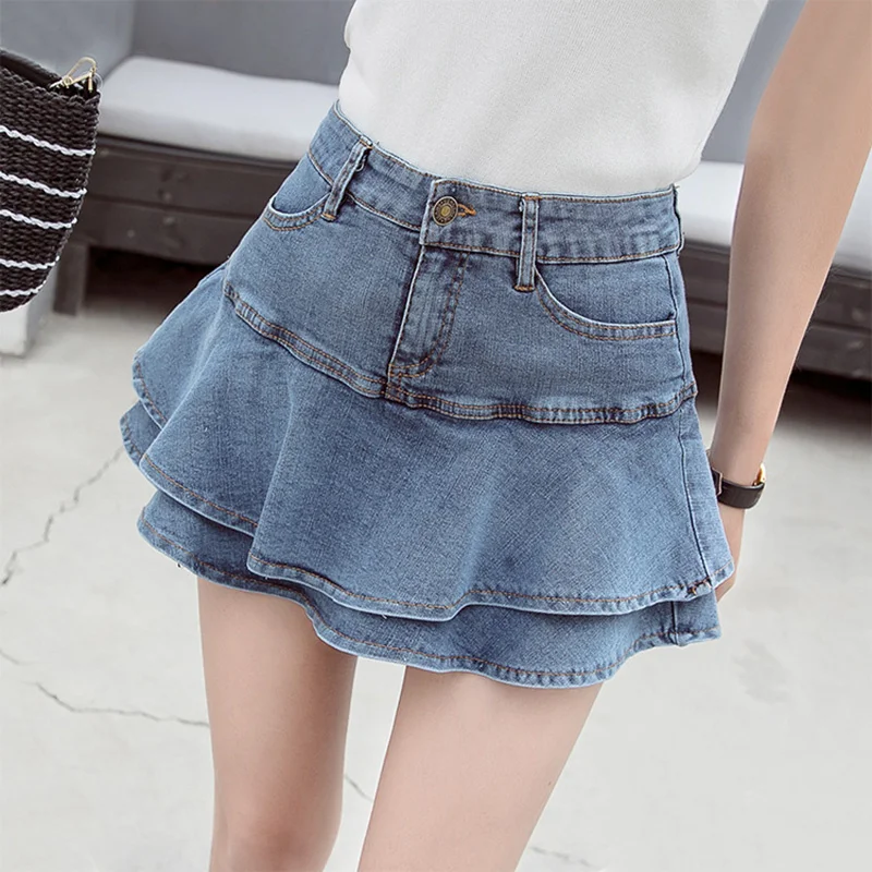 

2021 Summer Low Waist A Line Denim Skirt Women Sexy Pleated Mini Jeans Skirts Korean Style Casual Ruffles Wild Skirt Shorts