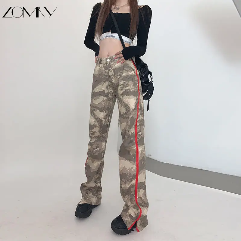 

ZOMRY Новая уличная одежда камуфляжные джинсы женские с низкой талией и широкими штанинами рабочая одежда прямые модные свободные брюки Y2k повседневные джинсовые брюки