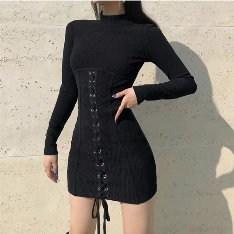 

Autumn Knitted Turtleneck Slim Fit Bandage Stretch Dress Women Ins Fashion Casual Long Sleeve High Waist Corset Mini Dress