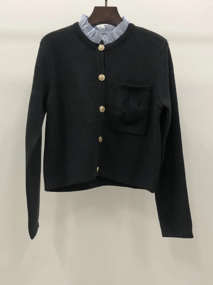 

Autumn Winter New Sandr Color-blocking Lace Stand-up Collar Metal Button Single-pocket Embroidered Letters Women Casual Cardigan