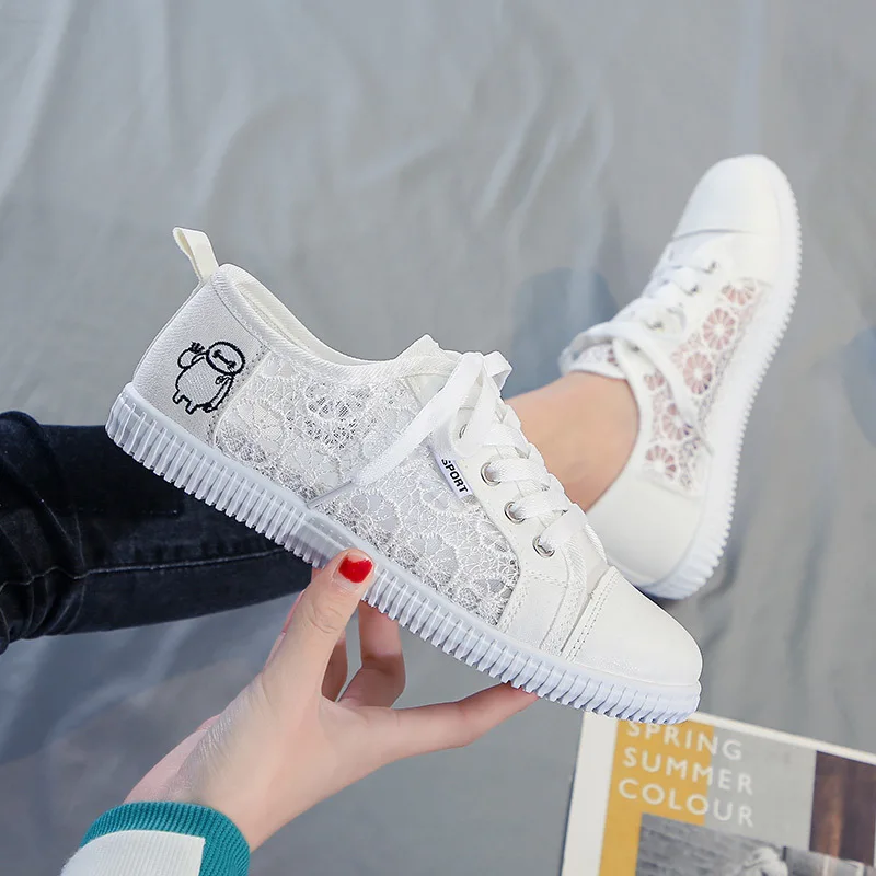 LLUUMIU Women casual shoes lace breathable white shoes female summer students mesh canvas shoes flat shoes  shoes for women