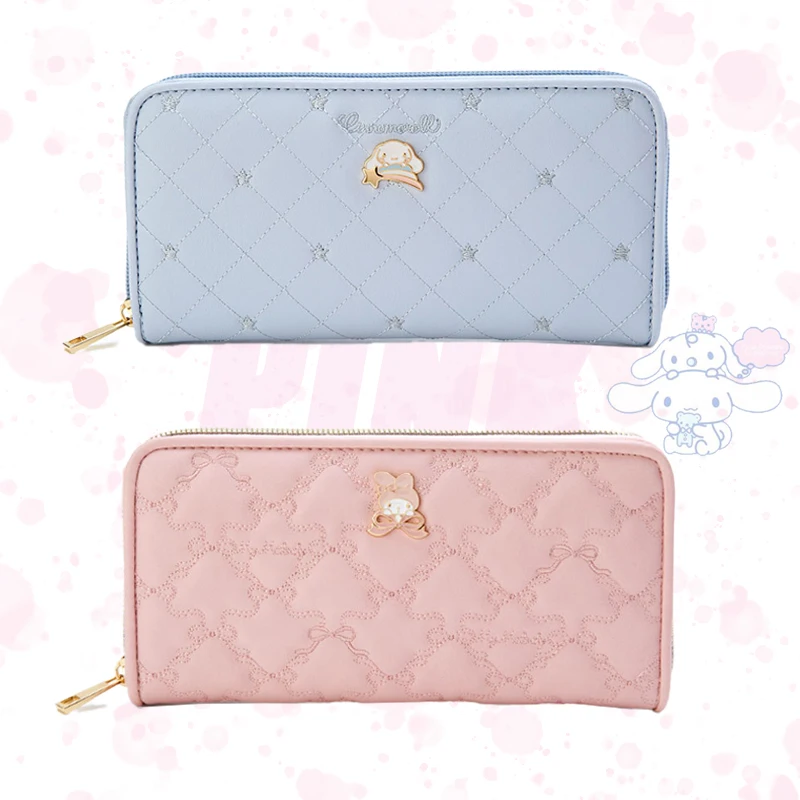 

PINK Kawaii Cartoon Embroidered Folding Wallet My Melody Cinnamoroll Kuromi Purin Dog Anime Long Wallet Zipper Purse Cute Gift