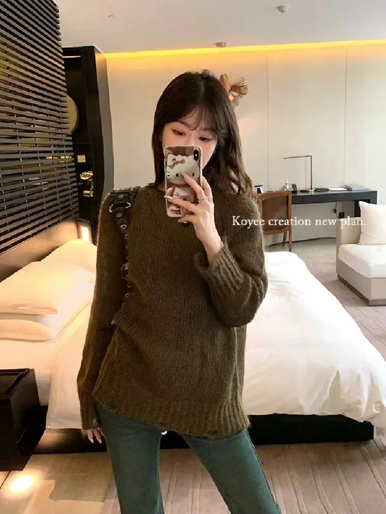 Модный простой однотонный вязаный свитер винтажные пуловеры с круглым вырезом и