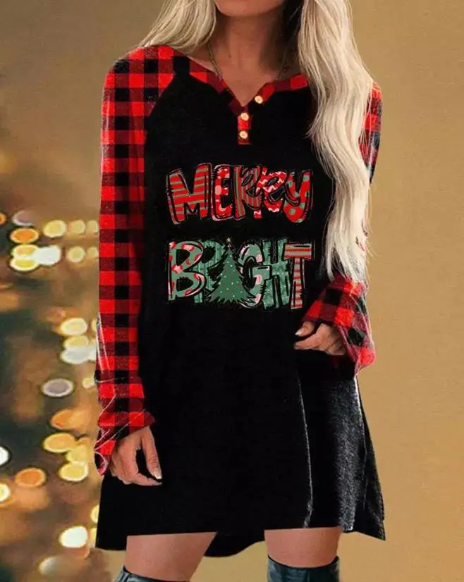 

Christmas Tree Plaid Print Long Sleeve Casual Dress
