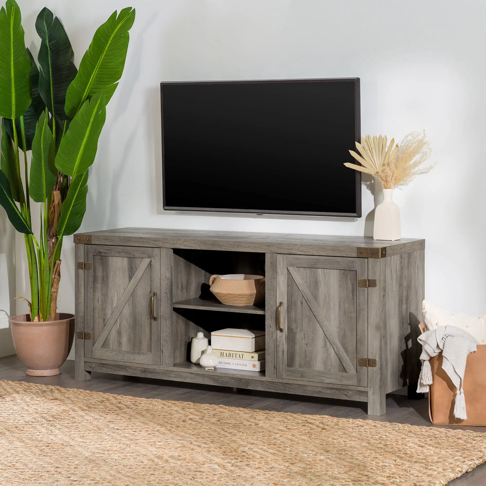 

Modern Farmhouse Barn Door TV Stand for TVs up to 65", Grey Wash