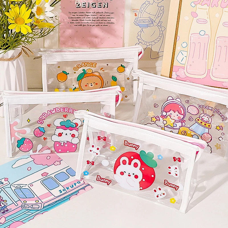 Cute PVC Triangular Transparent Pen Case Storage Stationery Bag Pencil Box Large Capacity Cosmetic Kids Gift