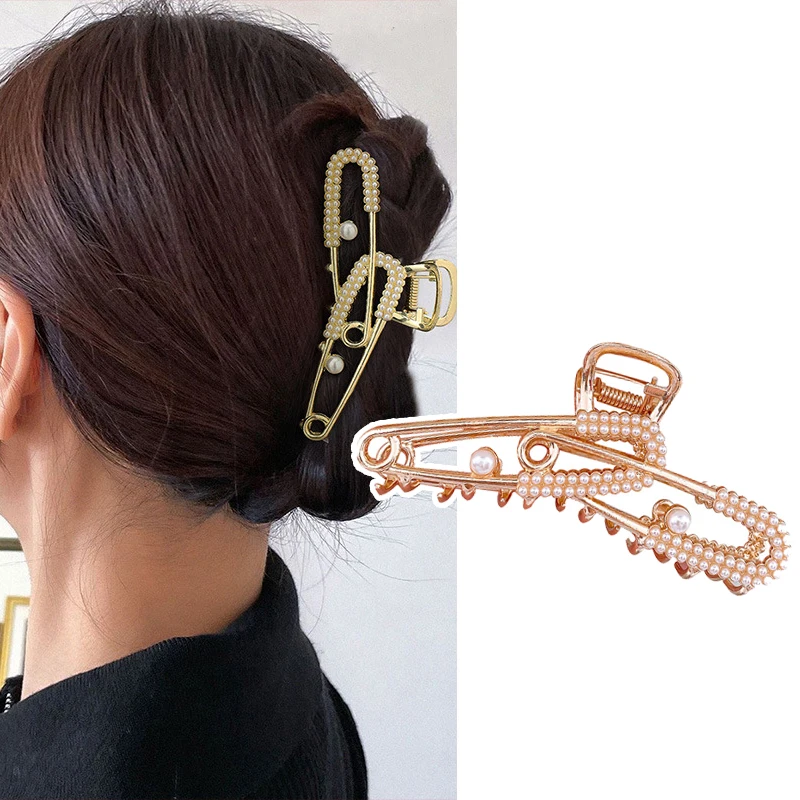 

Жемчужные Заколки во французском стиле, заколки-крабы для толстых волос, элегантные металлические большие заколки для волос для женщин и девушек, аксессуары для женщин
