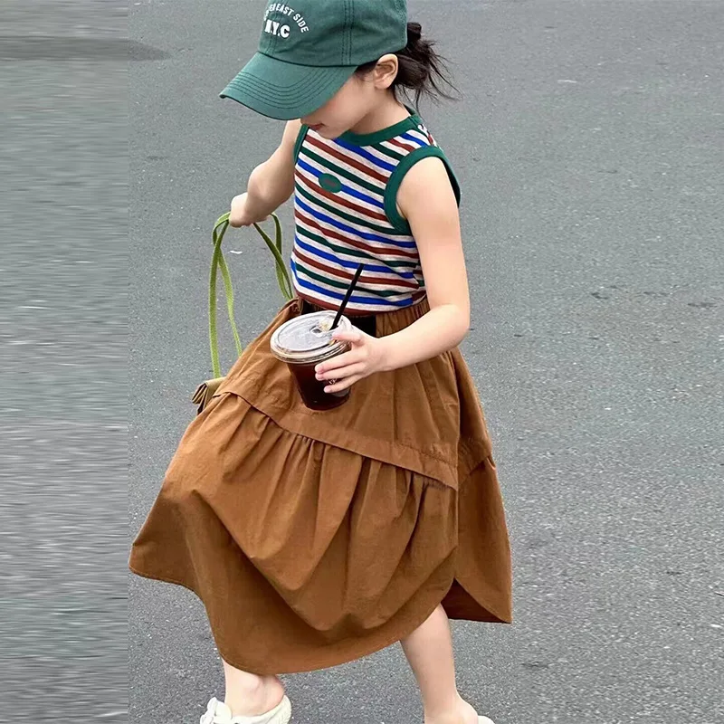 

Skirt Set for Girls Summer Casual Striped Vest Skirt Two Pieces Teen School Kids Outfits Fashion Children Clothes 10 12 Years