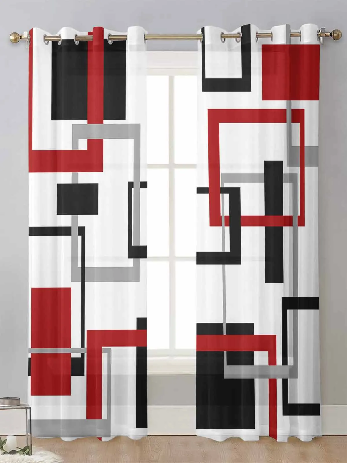 

Abstract Geometry Squares Modern Art Black Red Sheer Curtains Living Room Window Voile Tulle Curtain Cortinas Drapes Home Decor